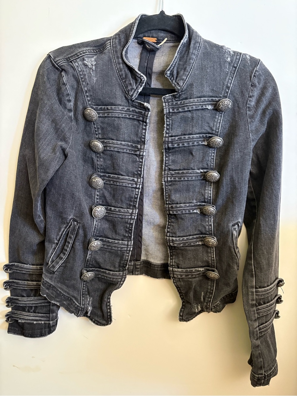 Free People Black Distressed Military-Style Denim Jacket XS
